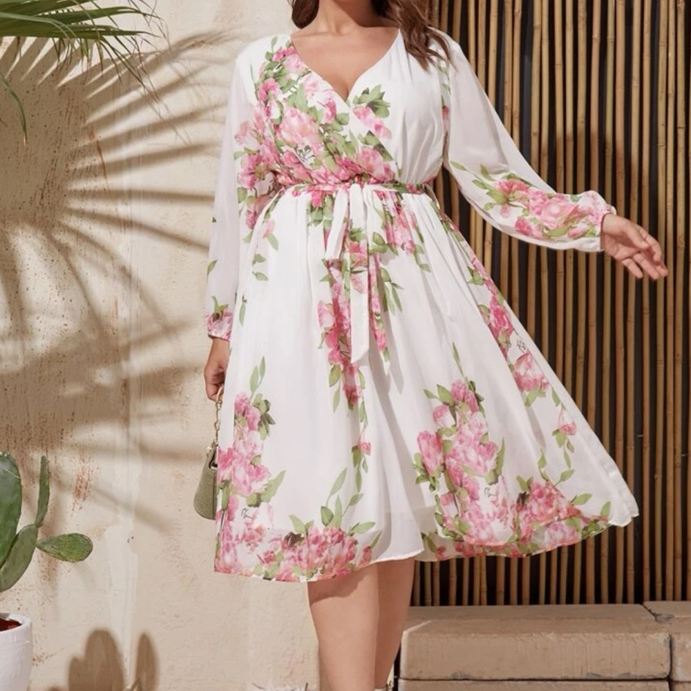 COPY - Boho plus white pink floral print wrap belted A-line dress